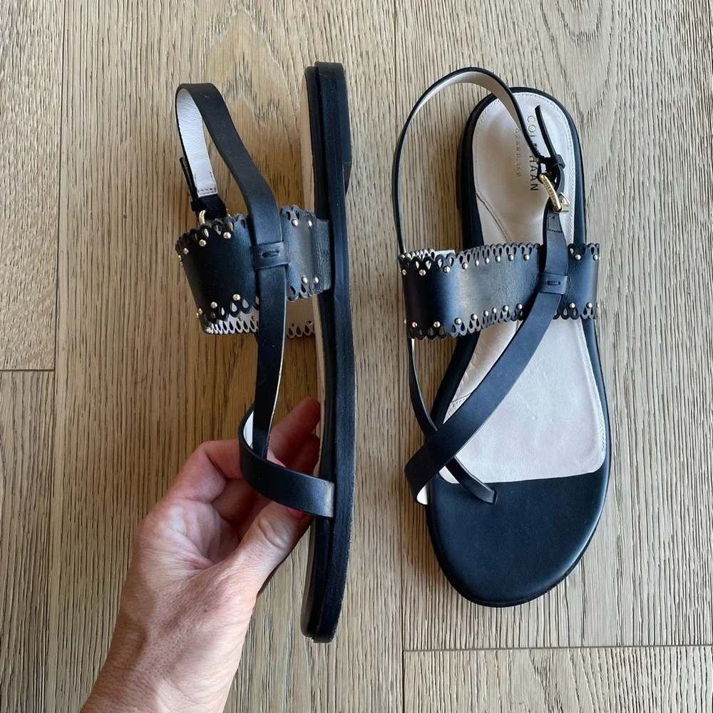 Cole Haan Anica Black Scalloped Studded Leather Thong Slingback Sandals 11B